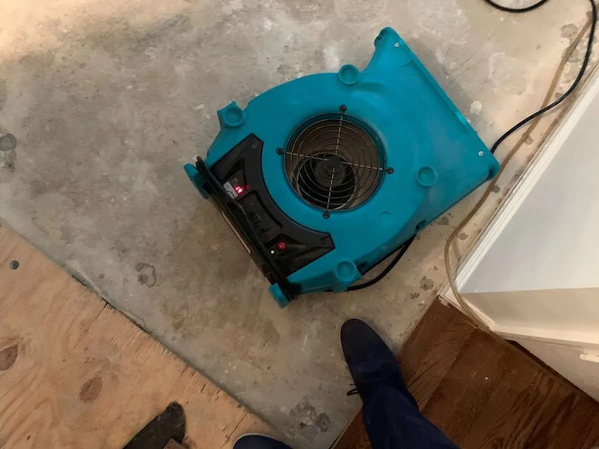 Air mover drying subfloor during Leak Detection & Repair in Inkster